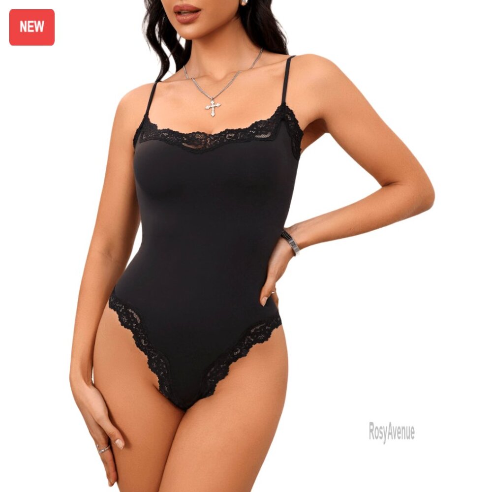 Lace Bodysuit Square Neck Sleeveless Tank Top Adjustable Straps Snap Closure